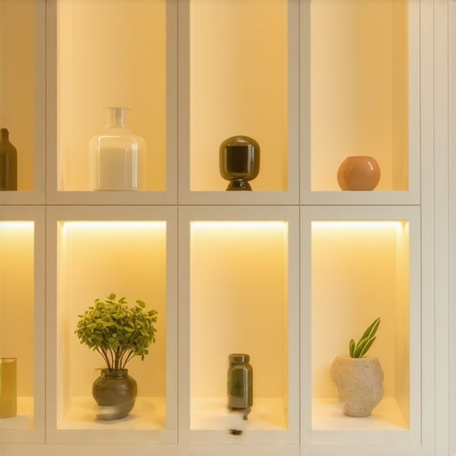 Stylish recessed wall niches with lighting and decor