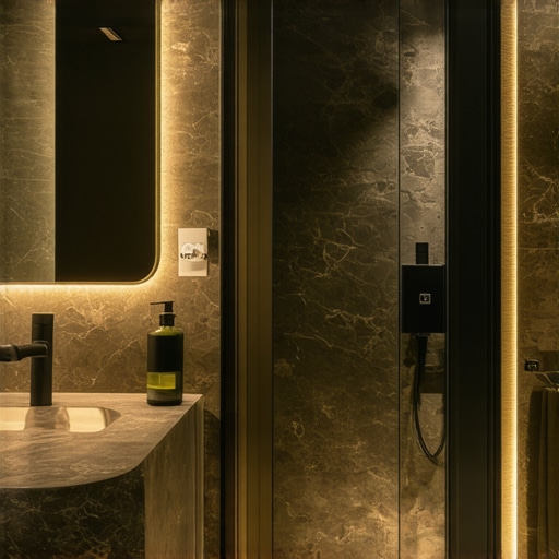 Innovative Modern Bathroom Design with Smart Storage Luxurious modern bathroom with integrated smart storage and eco-friendly materials