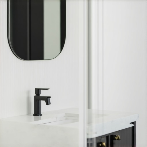 Close-up of a modern built-in bathroom vanity showcasing custom cabinetry and elegant hardware