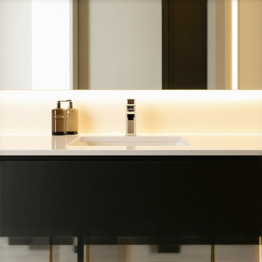 A contemporary bathroom vanity featuring built-in smart storage solutions and seamless finish