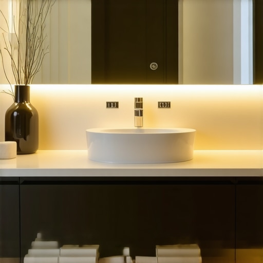 Sleek modern vanity with smart features Contemporary bathroom vanity with built-in lighting and touchless faucet