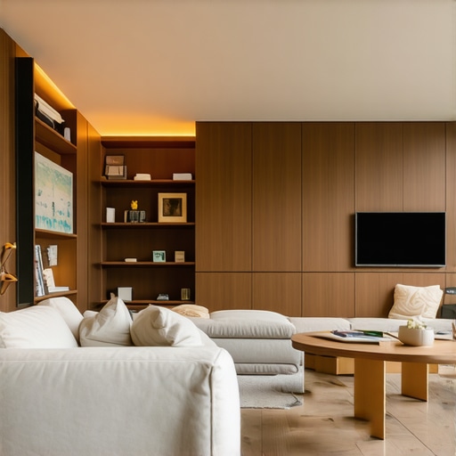 Futuristic built-in storage with smart technology in a modern living room
