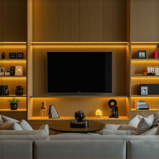 A contemporary built-in storage unit with smart lighting and hidden compartments, showcasing innovative design.