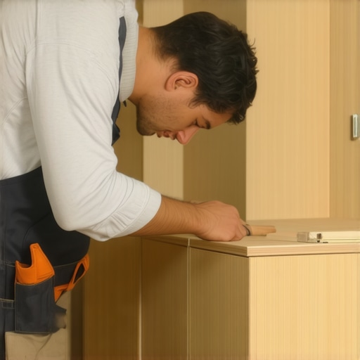 Close-up of a craftsman working on built-in cabinet joints ensuring perfect alignment.