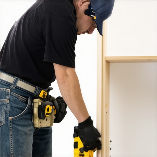 Expert Cabinet Installation Professional carpenter installing built-in cabinets with tools and level