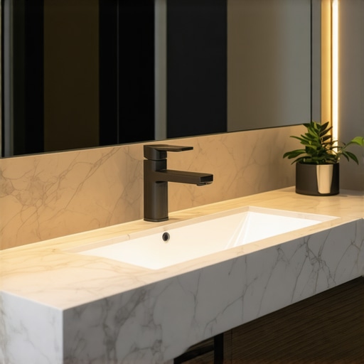Modern vanity featuring smart technology and eco-friendly materials, minimal design, 2025 style
