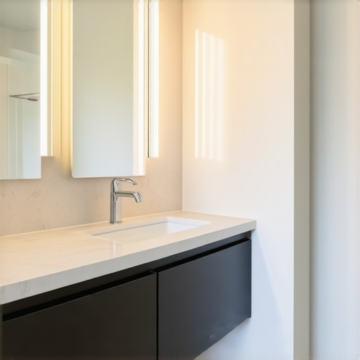 A stylish modern bathroom featuring a built-in vanity with smart storage solutions