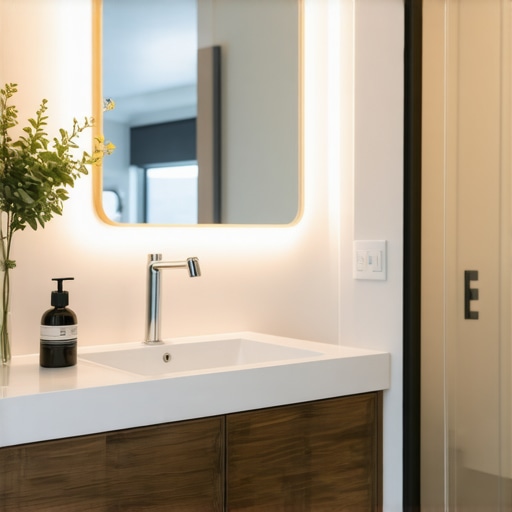 Bathroom featuring sleek built-in vanity with smart storage solutions and modern design elements
