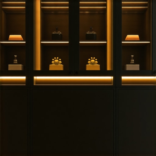 Contemporary built-in storage with lighting in a stylish home.