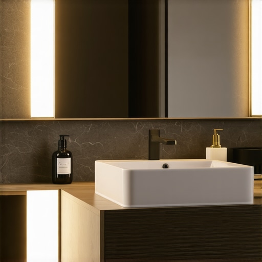 Sleek modern bathroom vanity with integrated lighting and storage.
