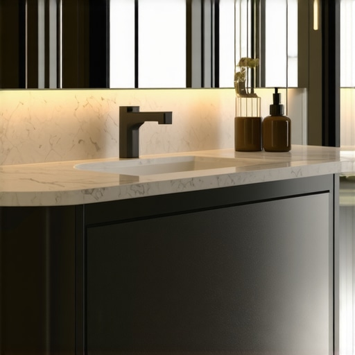 Elegant bathroom vanity showcasing innovative storage and sleek design elements.