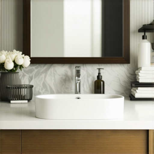 Bathroom vanity with integrated storage compartments, sleek design, and organized layout