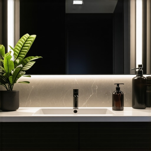 Contemporary bathroom featuring a sleek smart vanity with integrated tech and eco materials