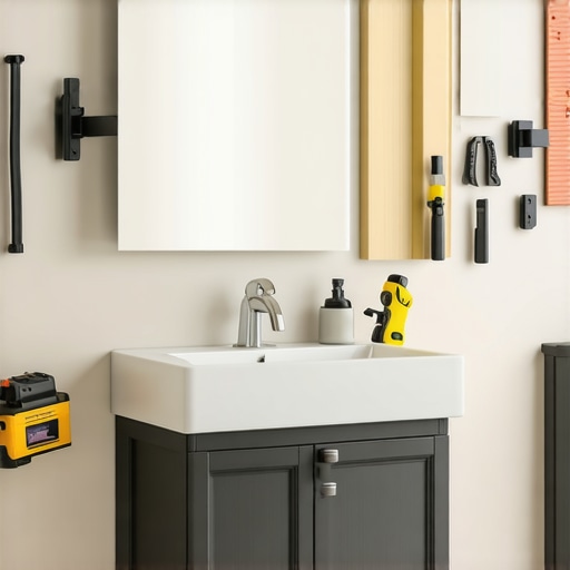 Illustration of a bathroom vanity installation showing measuring, bracketing, leveling, and sealing