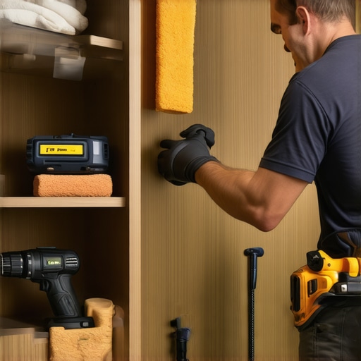 Person cleaning and maintaining built-in storage with tools in a modern bathroom.