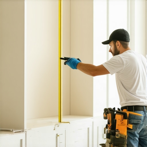 Person measuring and attaching panels of built-in cabinets during home renovation.