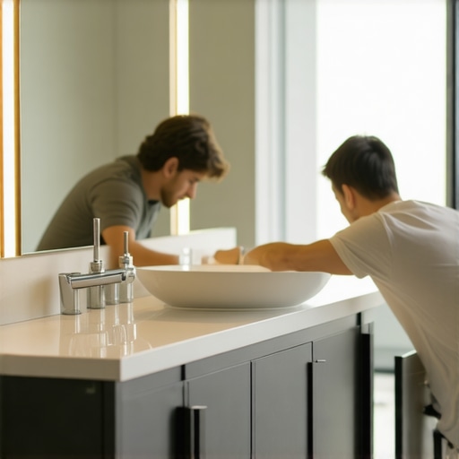 A person installing a sleek modern bathroom vanity in a contemporary bathroom.