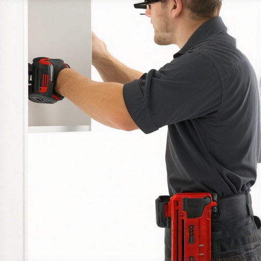 Person using cordless multi-tool for home maintenance in a modern storage space.