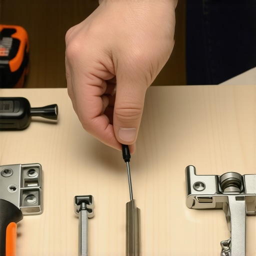 Hand tightening vanity hinge with screwdriver, demonstrating proper maintenance technique.