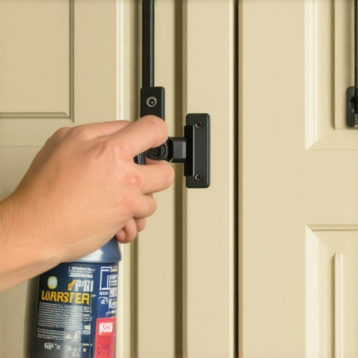 Person lubricating cabinet hinges with silicone spray for smooth operation.