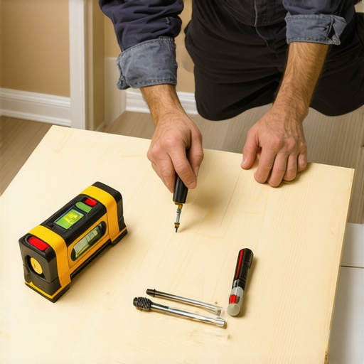 Carpenter measuring wood for custom built-in shelves with tools and a level.