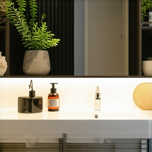 Bathroom featuring custom built-in vanity and organized storage shelves.