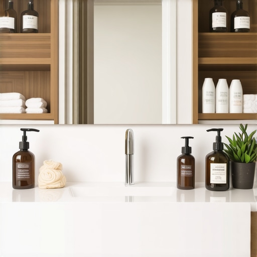 Elegant bathroom featuring custom built-in vanity with organized storage