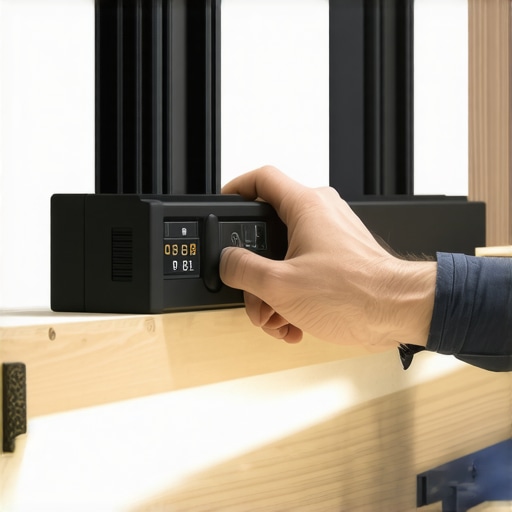 Person measuring cabinet alignment with a digital level in a home workshop