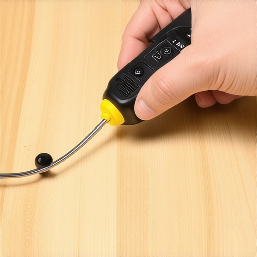 Homeowner checking moisture levels on a wooden vanity with a moisture meter for maintenance.