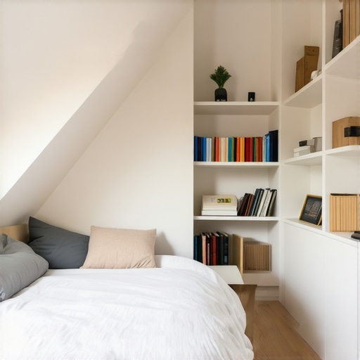 Bedroom with built-in shelves following sloped ceiling angles, showcasing optimized storage space.