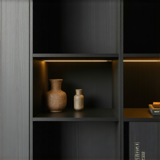 Modern corner shelf with hidden compartments maximizing space in a small apartment.