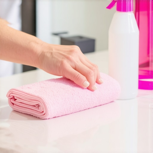 Hands cleaning bathroom vanity with microfiber cloth and natural cleaning spray