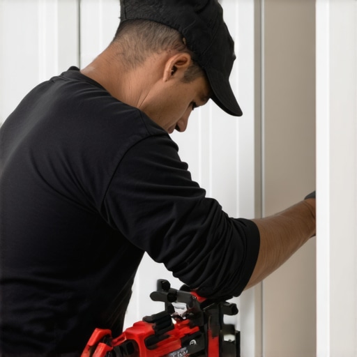 A handyman securing a cabinet to the wall in a compact hallway, illustrating precise installation techniques.