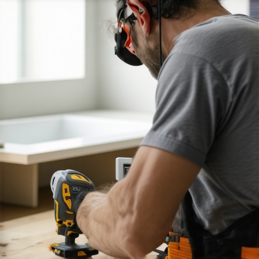 Installer carefully securing built-in cabinets to bathroom walls with tools