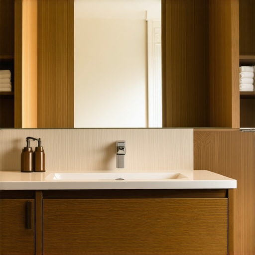 Modern built-in bathroom vanity with ample storage drawers and shelves