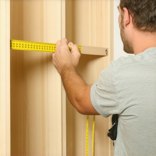 Expert measuring wall for built-in cabinet Technician measuring wall with tape measure for precise built-in cabinet installation
