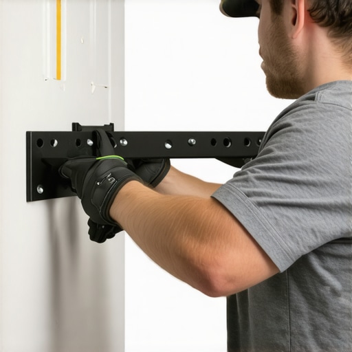 A handyman securing heavy vanity brackets onto metal studs in a bathroom wall.