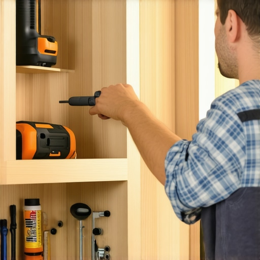 Image of a person inspecting and maintaining built-in storage solutions equipped with essential tools.