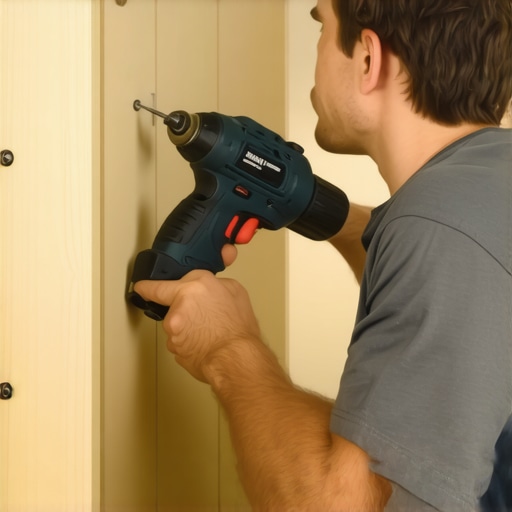A handyman tightening bracket screws on a built-in shelf with a cordless drill