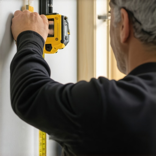 Homeowner carefully measuring wall for accurate built-in cabinet placement.