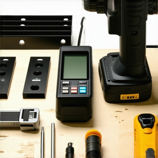 Essential Tools for Vanity Support and Maintenance Tools like a power drill, laser measurement device, and steel brackets arranged on a workbench for supporting built-in vanities.