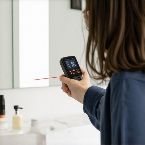 Precision Tools for Maintenance Person measuring a vanity with a laser distance meter for accurate adjustments.