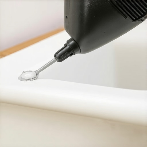 A person applying waterproof silicone sealant around vanity kickplate edges using a caulking gun.