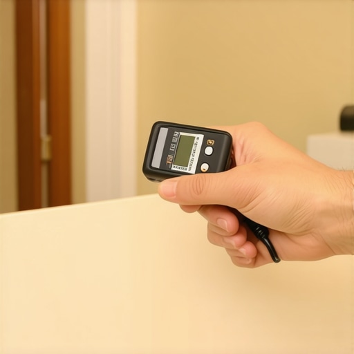 Homeowner testing a bathroom vanity with a moisture meter to detect hidden water damage.