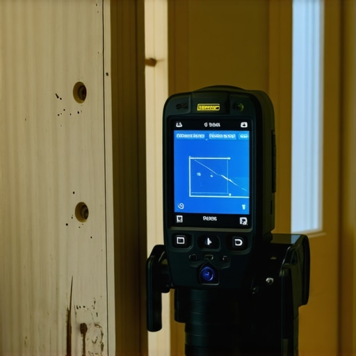 A person using a LiDAR wall scanner to detect studs behind drywall in a workshop environment