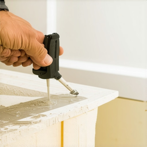 Close-up of a caulking gun sealing a bathroom vanity base with waterproof caulk