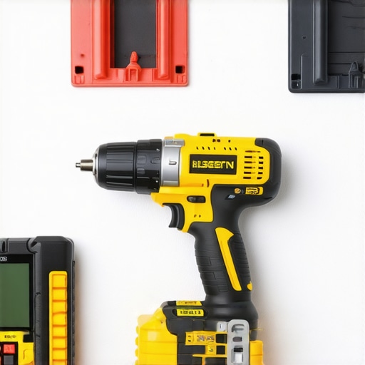 A cordless drill and digital level inspecting garage shelves