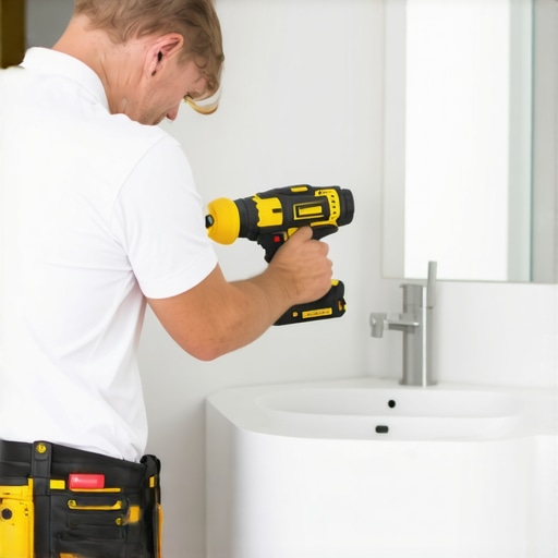 Installer aligning vanity with laser level in bathroom.