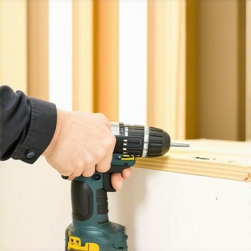 Homeowner installing vanity with a level and drill, showcasing professional maintenance tools.