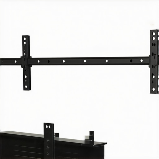 Close-up of steel L-brackets and anchors installed on a wall for heavy media support.